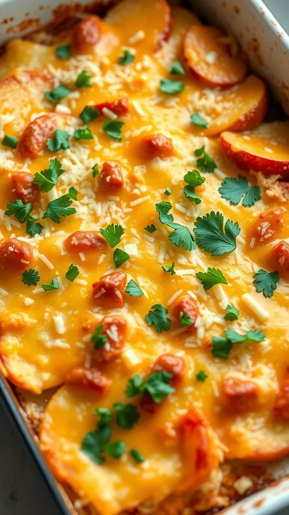 Mexican Cheesy Shredded Chicken and Potato Casserole with melted cheese and cilantro garnish.