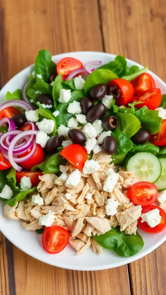 This Mediterranean chicken salad combines tender rotisserie chicken, crunchy greens, and an array of colorful veggies for a dish that's both hearty and healthy. The addition of feta and olives elevates the flavor profile, creating a medley of tastes that tantalize the palate.