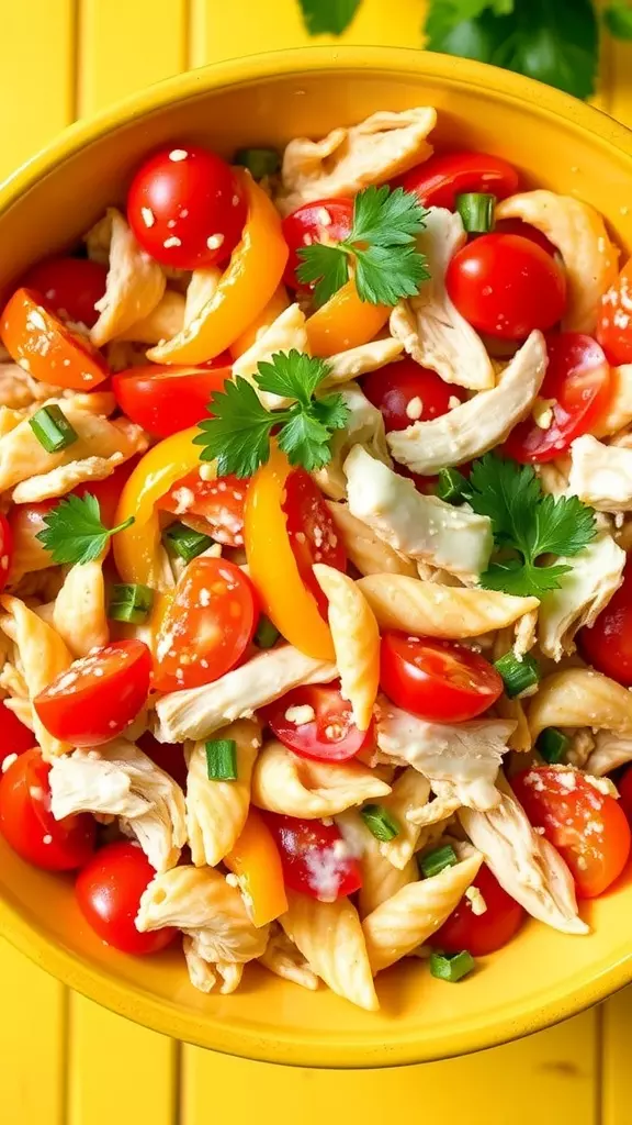 This chicken pasta salad features a medley of tender shredded chicken and al dente pasta, tossed with vibrant bell peppers and drizzled in a zesty dressing. It's a light, refreshing dish that bursts with flavor, making it an excellent choice for lunch or dinner.