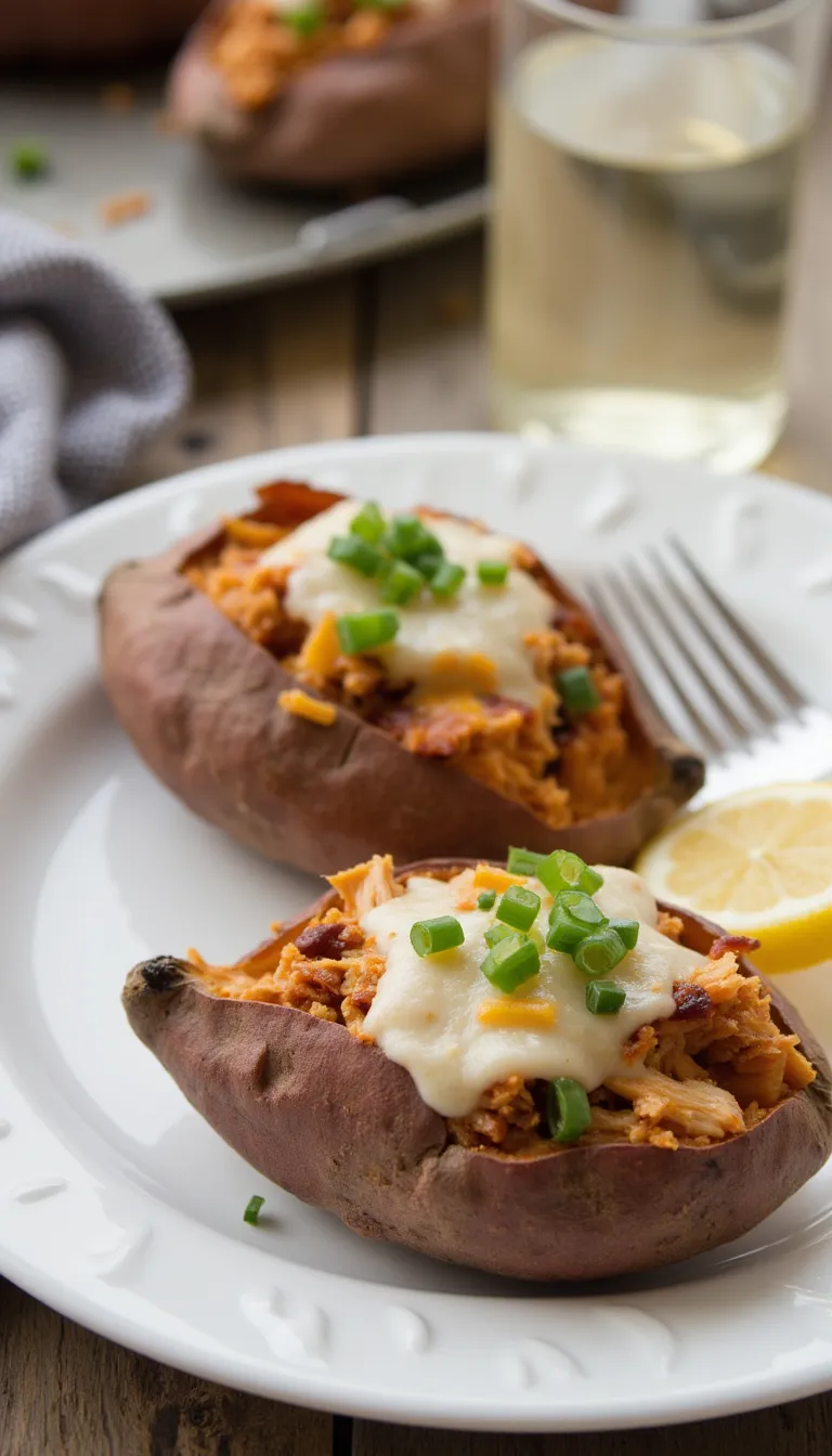 These BBQ Chicken Stuffed Sweet Potatoes are the perfect sweet-and-savory summer dinner! Easy, budget-friendly, and packed with shredded chicken goodness.