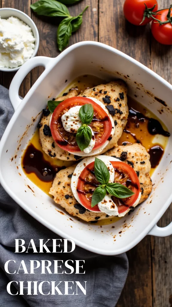 Chicken breasts baked to perfection with gooey mozzarella, ripe tomatoes, and fresh basil—finished with sweet balsamic glaze. An easy, elegant dinner!