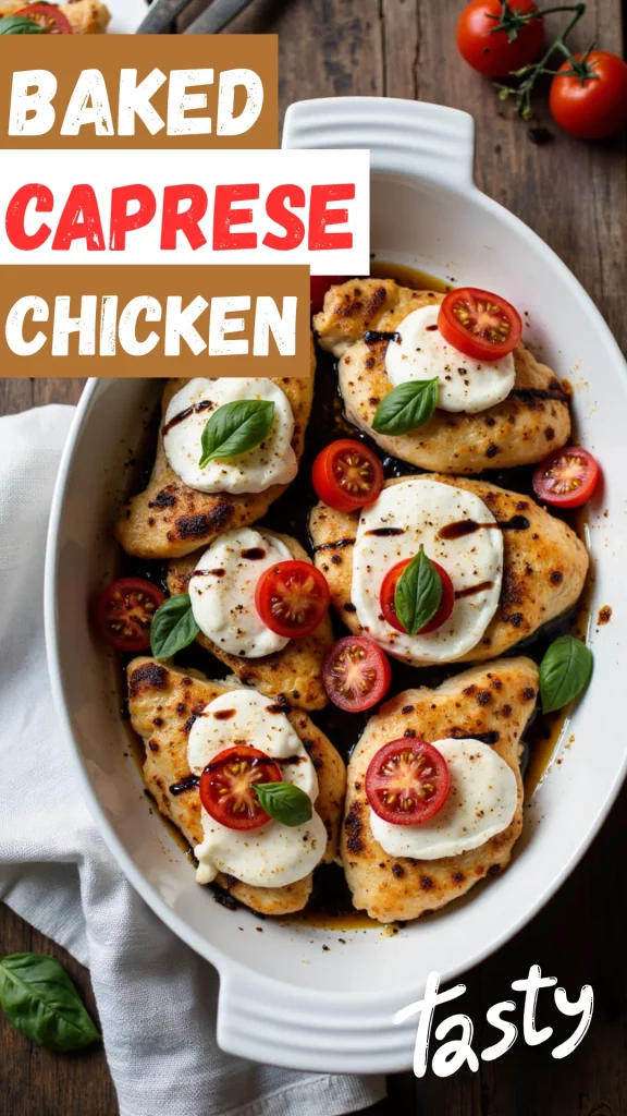 This Baked Caprese Chicken is easy, flavorful, and looks as good as it tastes. A perfect weeknight dinner!