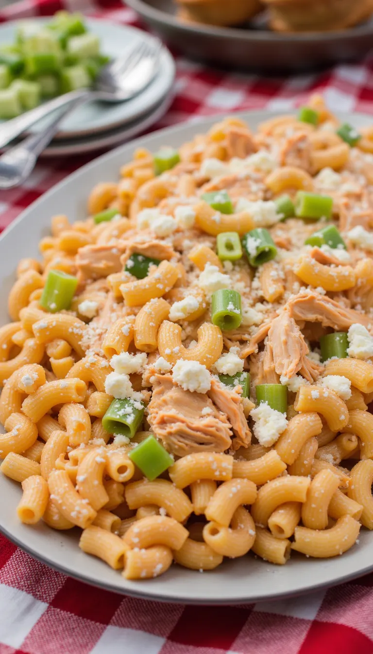 Spice up your 4th of July BBQ with this Buffalo Chicken Macaroni Salad! Creamy, zesty pasta mixed with shredded chicken makes this a bold, flavor-packed picnic favorite.