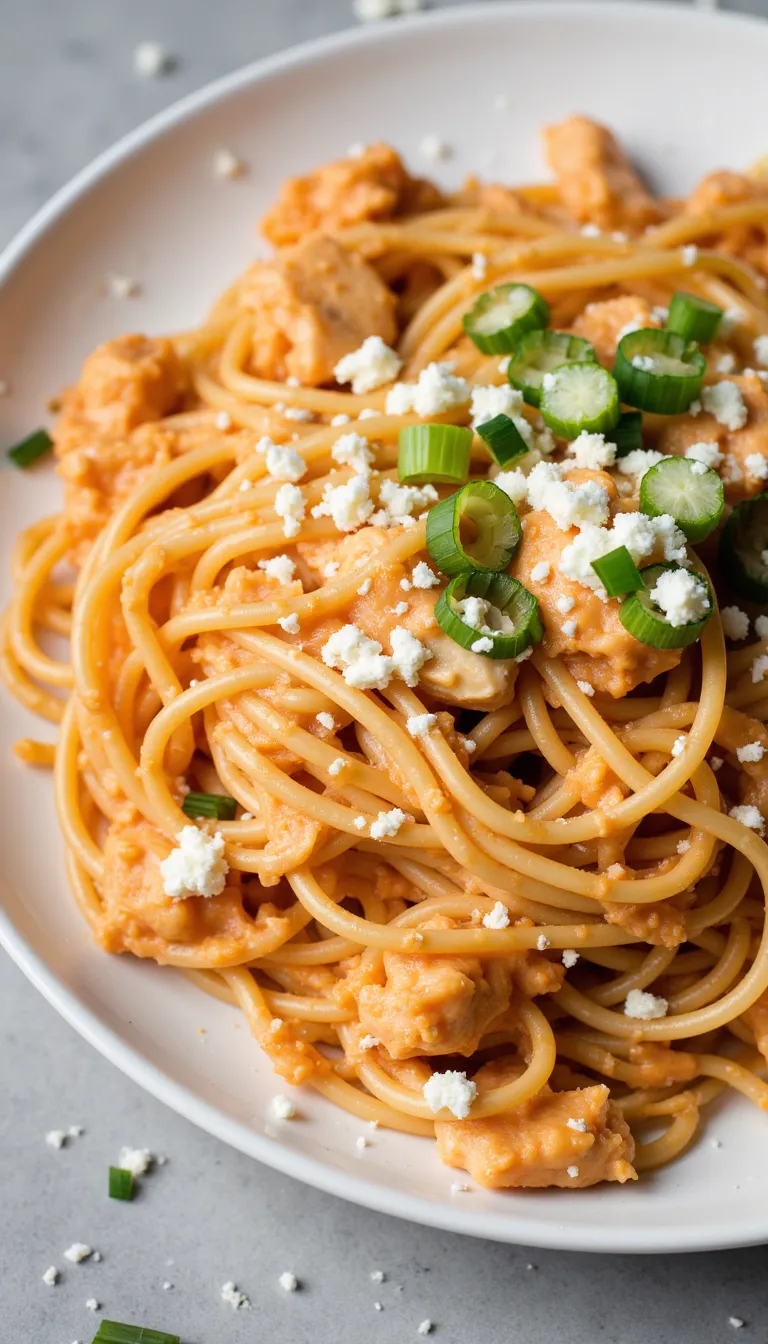Spice up dinner with this creamy Buffalo Chicken Ranch Spaghetti — packed with shredded chicken and bold flavors for the whole family.