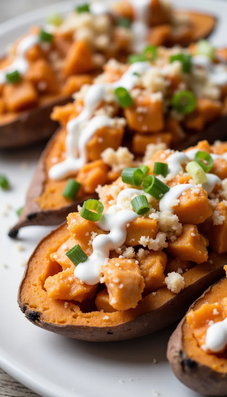 Spicy, creamy, and cozy — Buffalo Chicken Stuffed Sweet Potatoes are your weeknight dinner game-changer!