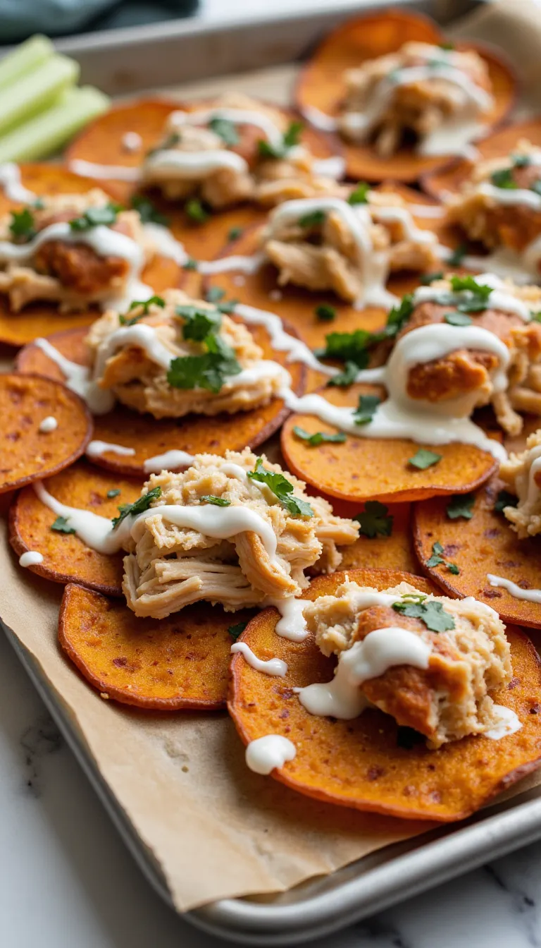 Spicy, cheesy, and totally craveable! These Buffalo Chicken Sweet Potato Nachos are the perfect crowd-pleasing summer dinner or snack.