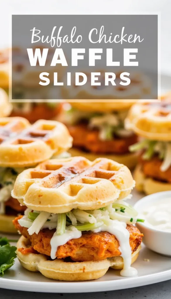 Spicy, creamy buffalo chicken piled onto crispy mini waffles with crunchy slaw—these sliders are the ultimate brunch or game day snack. #buffalochicken #wafflesliders #partyfood