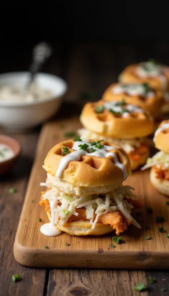 Sweet, spicy, and totally unexpected—these Buffalo Chicken Waffle Sliders are your new favorite crowd-pleaser. #easyappetizers #brunchrecipes #creativecooking