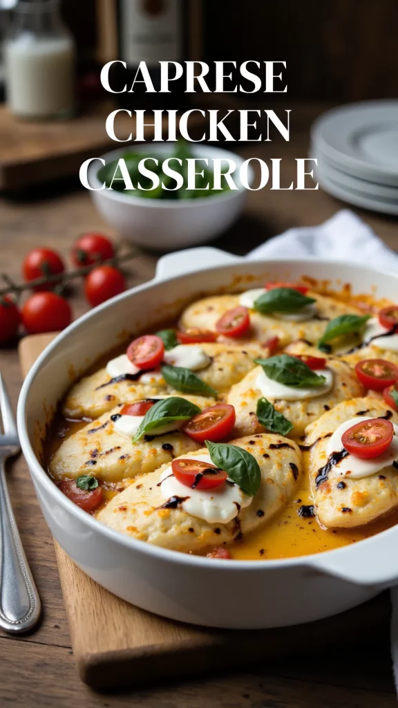 Tender chicken, ripe tomatoes, basil, and melty mozzarella baked together for an easy, family-style Caprese dinner.