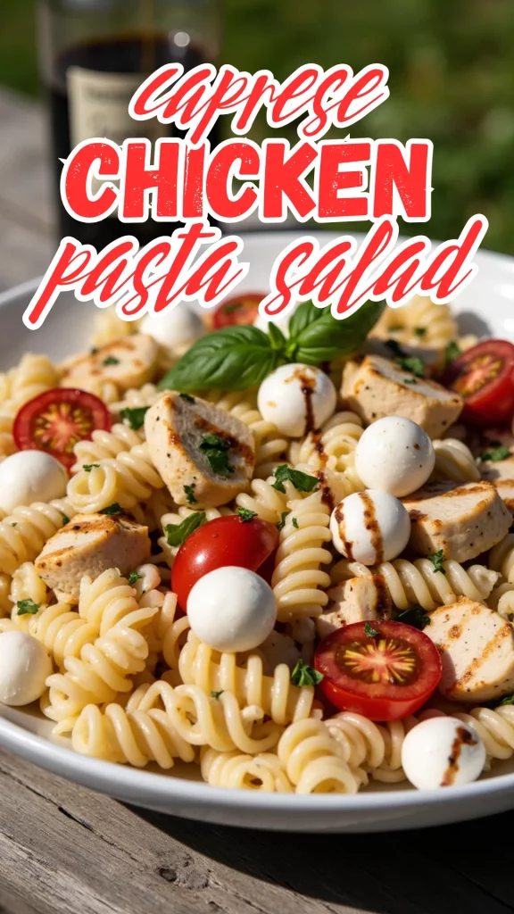 A chilled pasta salad featuring all the flavors of Caprese—juicy tomatoes, mozzarella, basil, and chicken—in a tangy balsamic dressing.