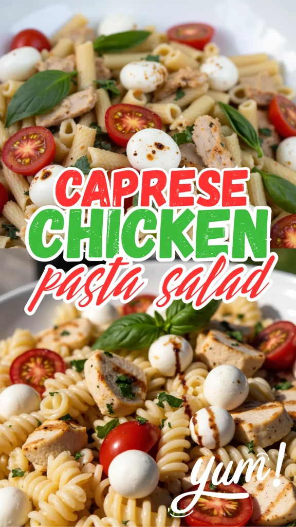 Juicy grilled chicken, mozzarella, and tomatoes tossed with pasta and basil—an easy crowd-pleaser.