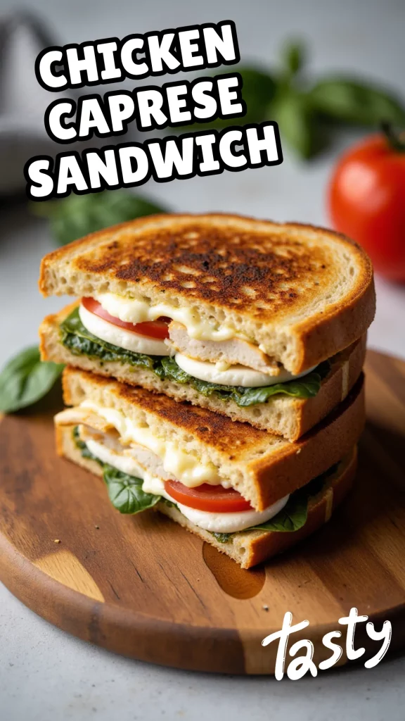 A melty, golden sandwich layered with juicy chicken, fresh tomato, mozzarella, and pesto. It’s easy, craveable, and perfect for lunch or dinner.