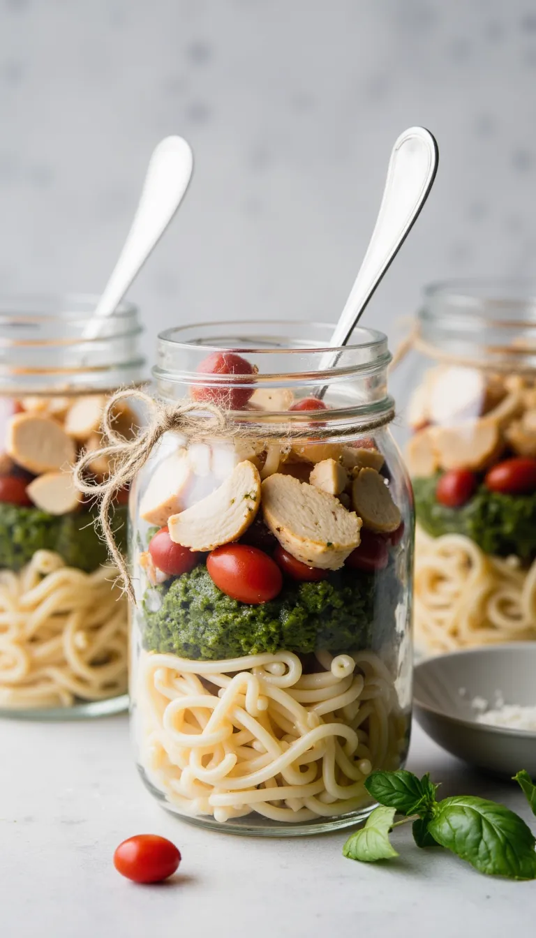 These Chicken Pesto Pasta Jar Salads are fresh, portable, and so easy to make ahead — a fun way to serve shredded chicken at a picnic or potluck.