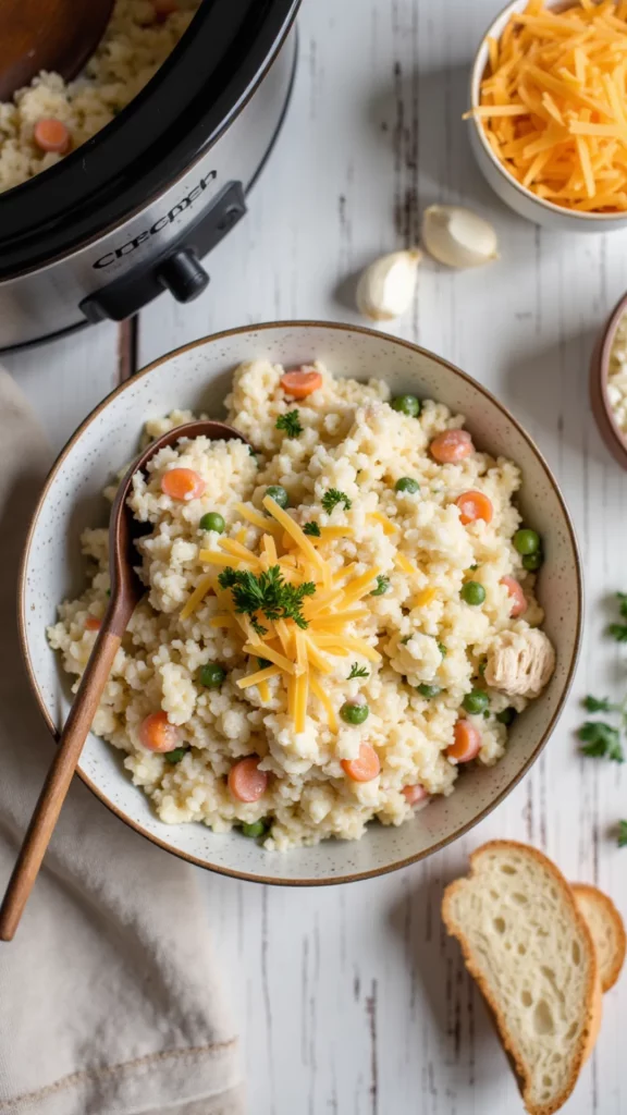 Creamy Crockpot Chicken and Rice = the easiest comfort food ever! Juicy chicken, tender rice, and a velvety sauce all made in your slow cooker. Family-approved and freezer-friendly! 💛 #EasyDinnerIdeas #CrockpotRecipes #ComfortFood