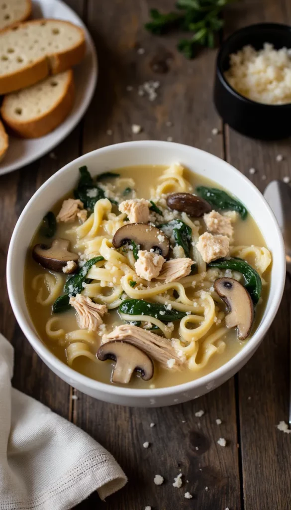 Juicy chicken, tender noodles, and rich Alfredo sauce come together in this unforgettable creamy chicken noodle soup. #easyrecipes #chickendinner #souprecipes