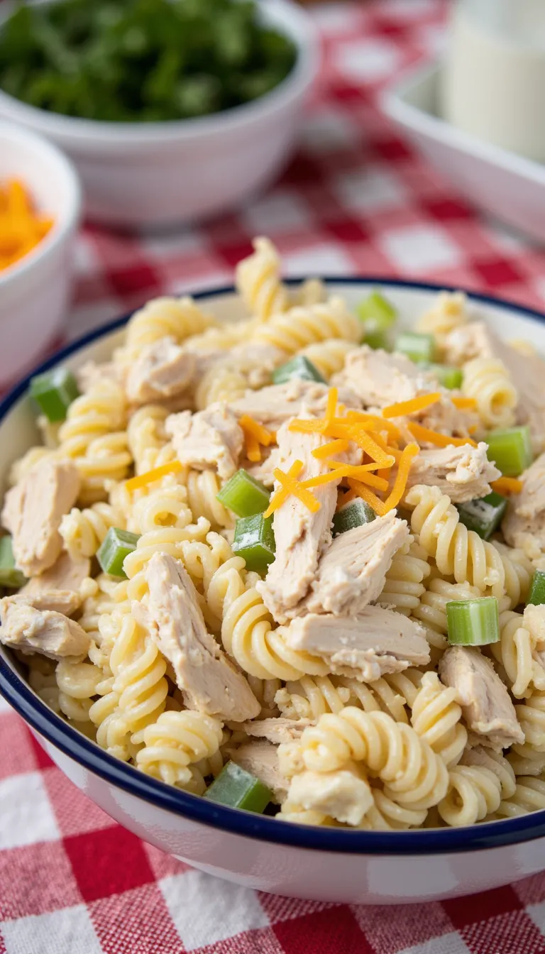 Make your 4th of July cookout stress-free with this Creamy Ranch Chicken Pasta Salad. Packed with shredded chicken and kid-friendly flavors, it's a cool, delicious side or main dish.