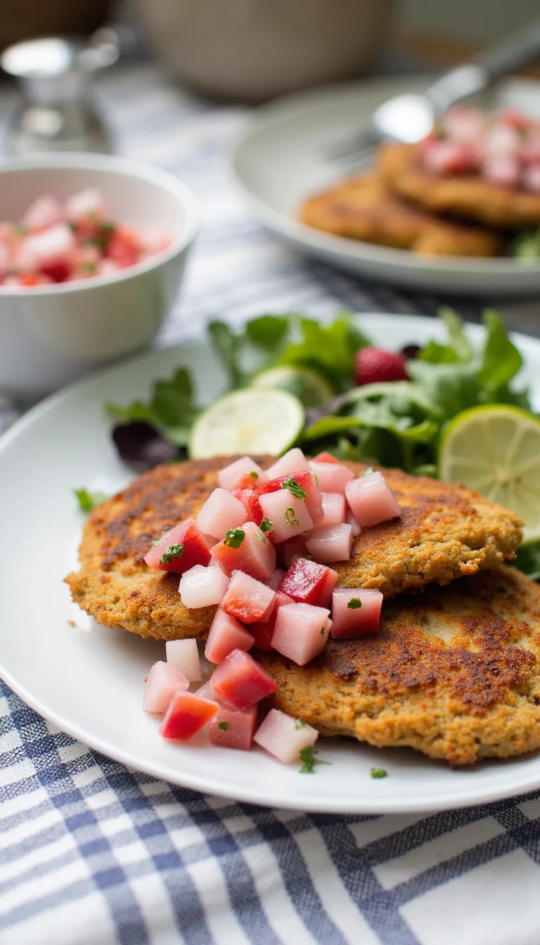 These Crispy Chicken Cutlets with Rhubarb Salsa are a sweet-tart twist on a classic — the perfect fresh, tangy topping for summer chicken dinners.