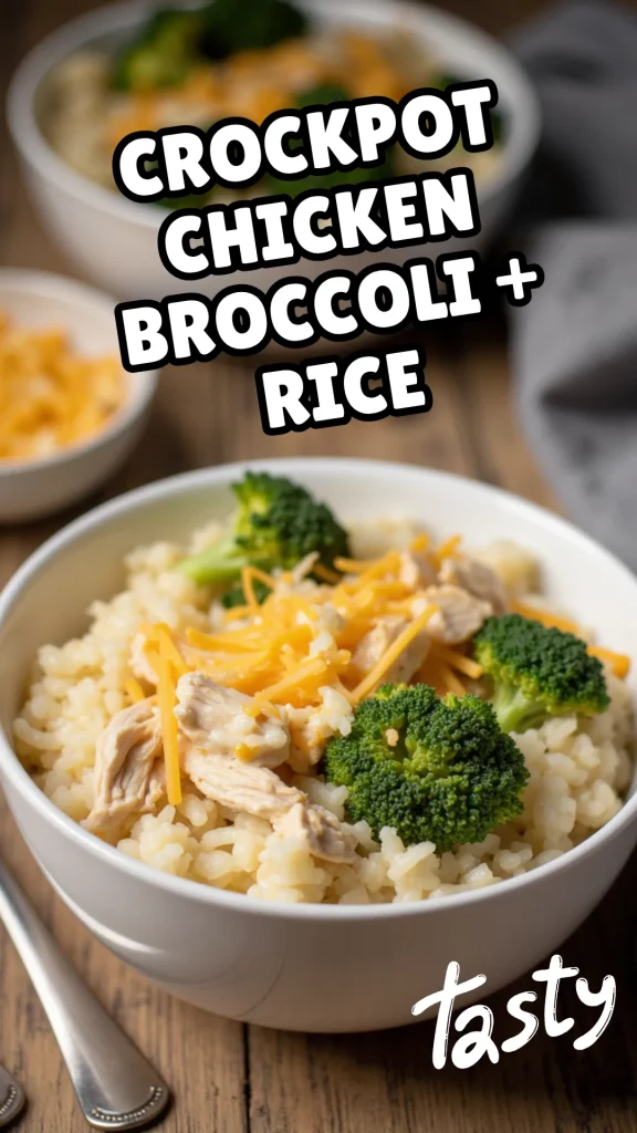 This Crockpot Chicken Broccoli and Rice is a comforting, cheesy one-pot meal that the whole family will love. Tender shredded chicken, soft rice, melty cheddar, and vibrant broccoli come together in a creamy base to make dinner feel like a warm, cozy casserole—without turning on the oven.