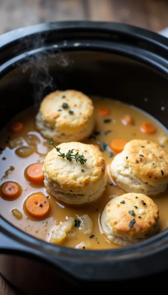 These Chicken and Herb Drop Dumplings are slow cooker comfort at its finest — soft, fluffy dumplings made from scratch with just Bisquick and herbs!