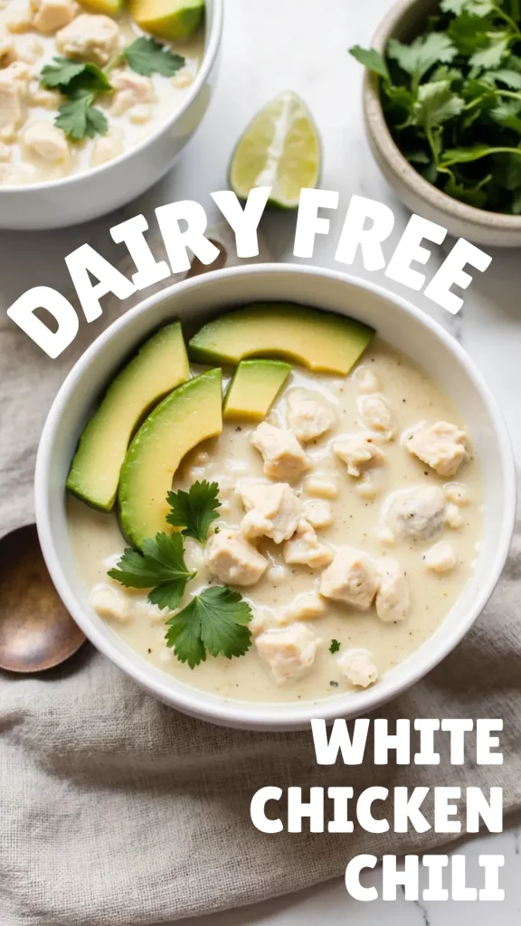 This dairy-free white chicken chili is just as rich and comforting as the original—without a drop of dairy. It’s made creamy with coconut milk or dairy-free yogurt and packed with chicken, white beans, and chili spices.