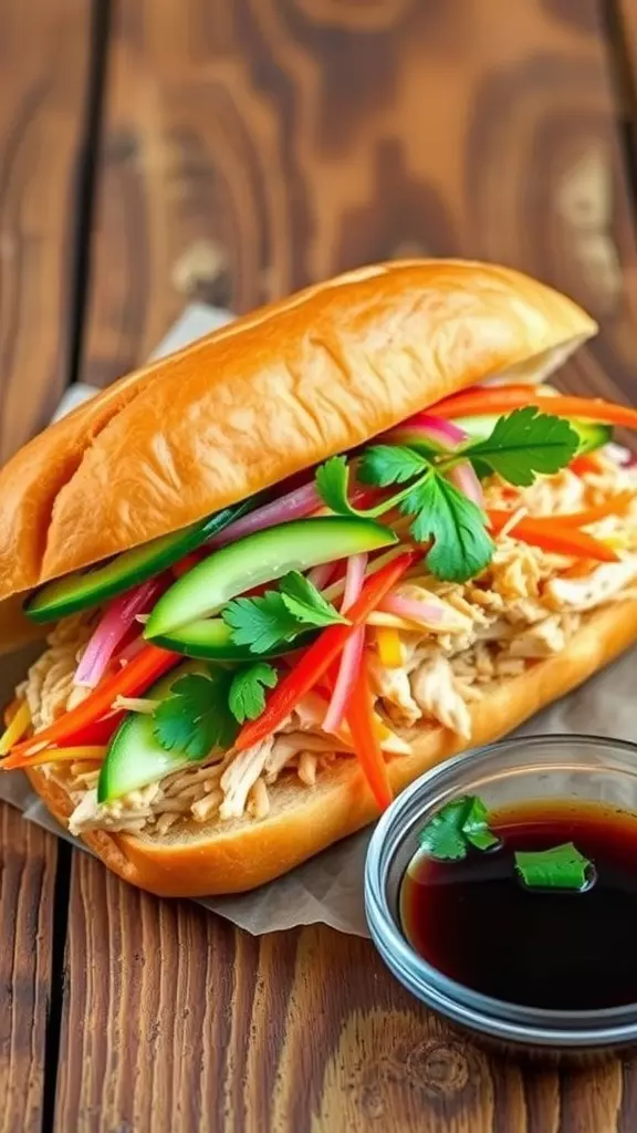 This banh mi is a fresh take on the classic Vietnamese sandwich! Juicy rotisserie chicken is paired with tangy pickled carrots, crisp cucumbers, and fragrant cilantro, all tucked into a crusty baguette. The mix of textures and bold flavors makes every bite a refreshing and satisfying treat.