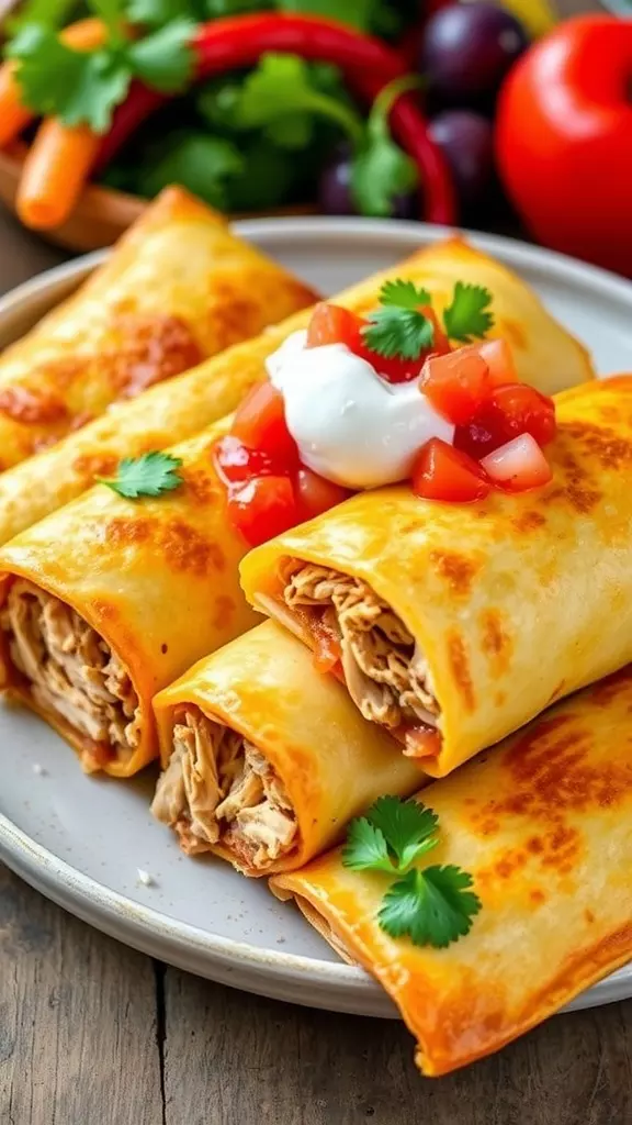 Crispy chimichangas filled with shredded chicken, served with sour cream and salsa.