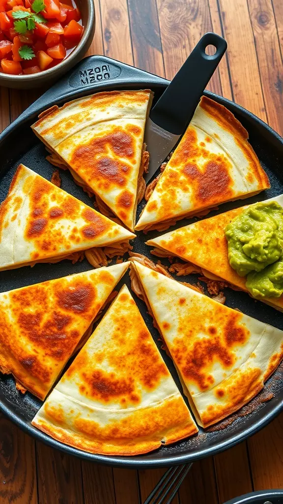 These quesadillas are packed with tender shredded chicken and melted cheese, delivering a satisfying blend of flavors with every bite. The crispy, golden-brown tortillas provide a delightful crunch, making this dish a crowd-pleaser.