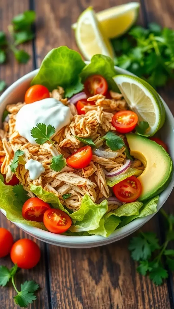 A colorful shredded chicken taco salad with lettuce, tomatoes, avocado, and chicken, garnished with cilantro and lime.