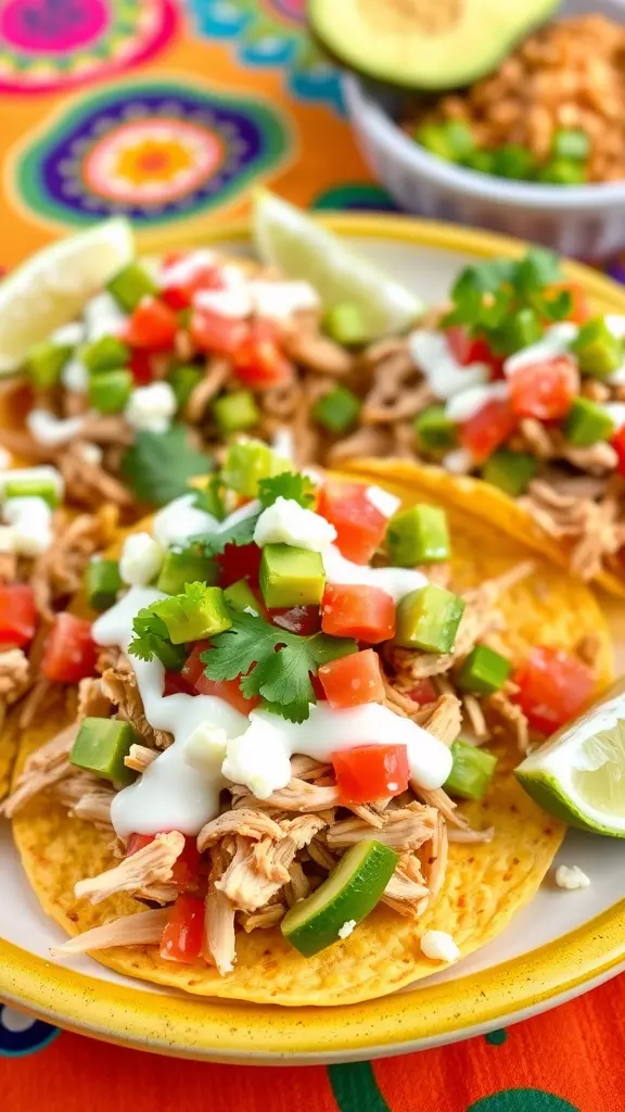 Loaded tostadas with shredded chicken, lettuce, tomatoes, avocado crema, and queso fresco on a decorative plate.