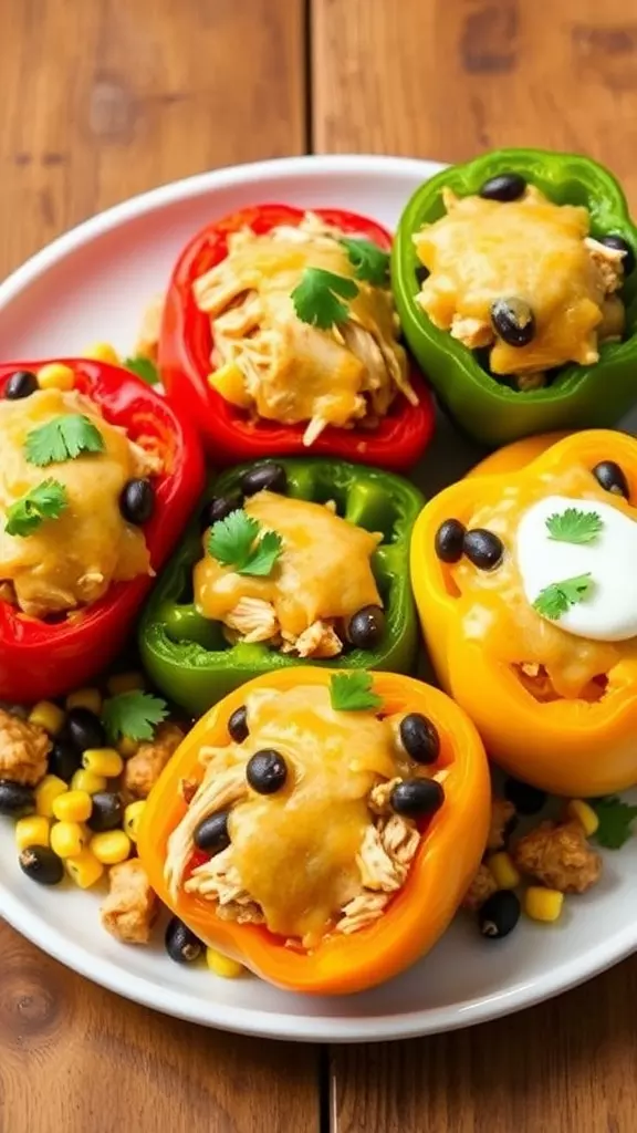 Stuffed bell peppers filled with shredded chicken, black beans, and cheese, garnished with sour cream and cilantro on a rustic wooden table.