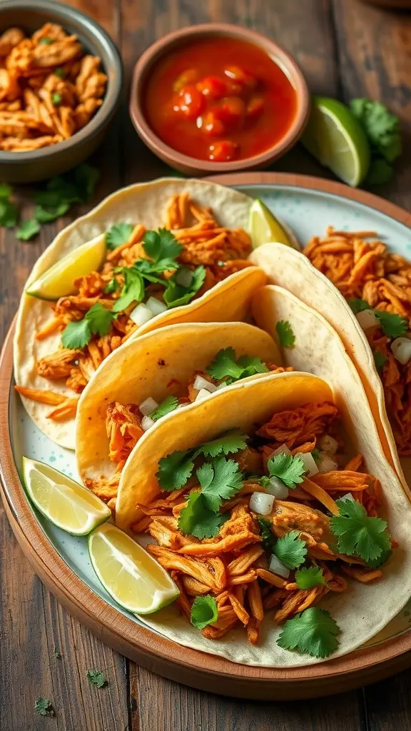 A plate of spicy shredded chicken tacos topped with cilantro and onions, served with lime wedges and salsa.