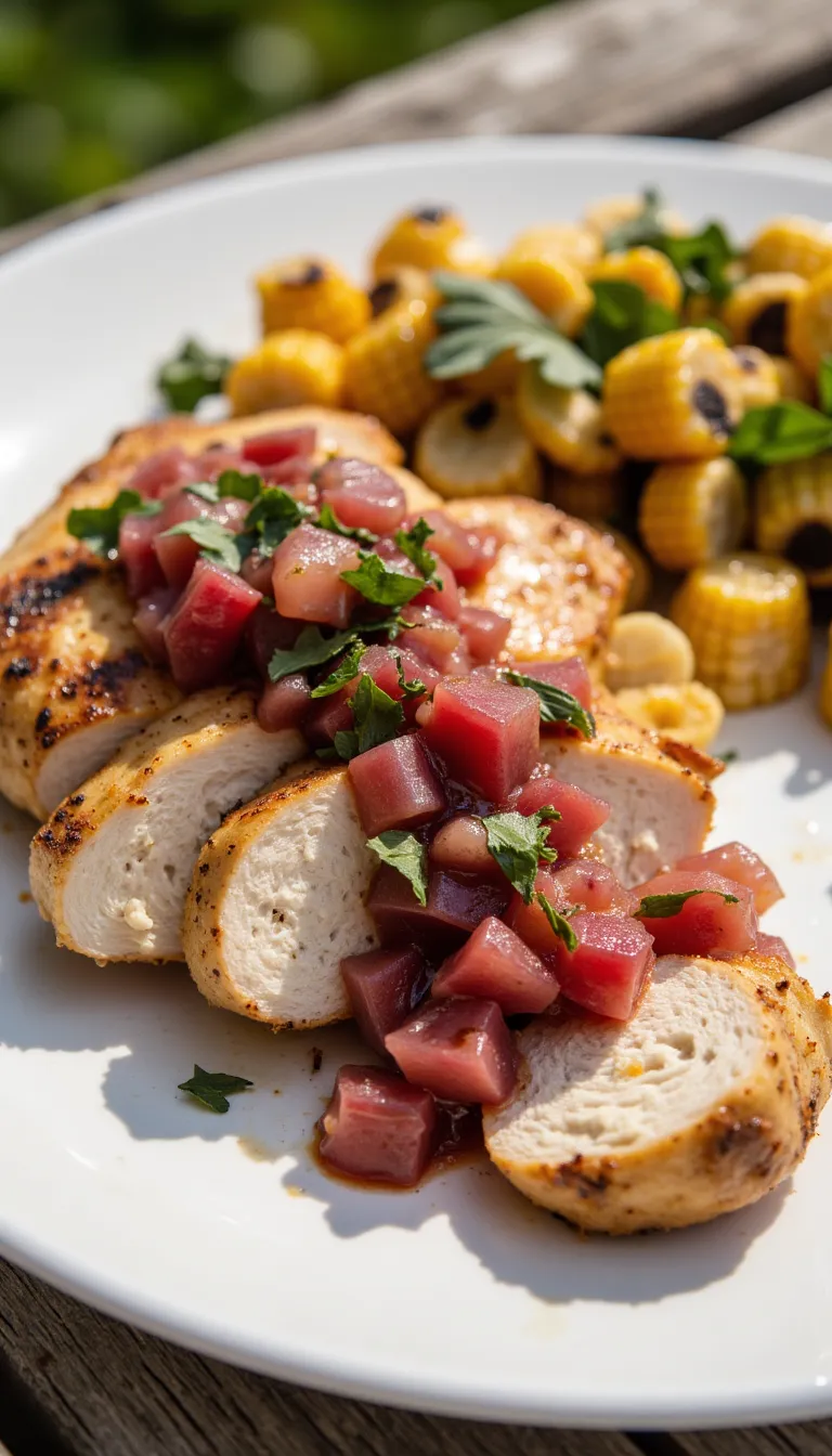 This Grilled Chicken with Rhubarb Chutney is bursting with summer flavor. Tangy, sweet, and perfect for pairing with grilled meats — a fresh way to enjoy rhubarb and chicken together!