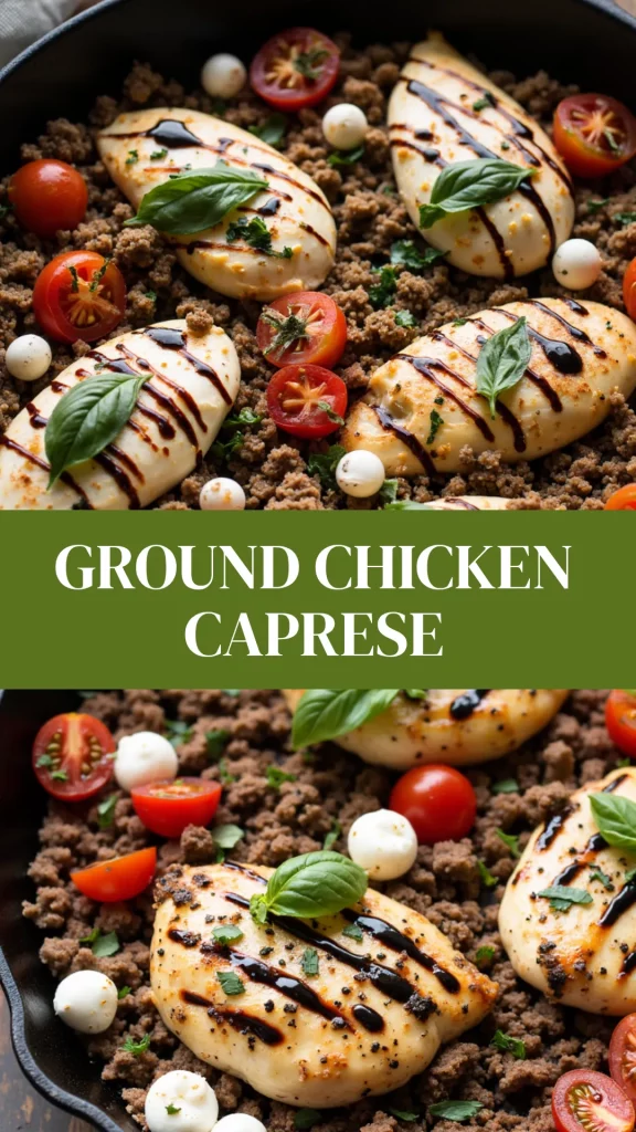 A one-pan dinner of sautéed ground chicken, juicy tomatoes, and mozzarella with basil and balsamic—easy and delicious.