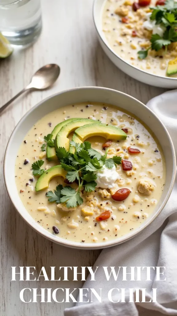 This healthy white chicken chili is proof you don’t need heavy cream or tons of cheese to get creamy, satisfying flavor. It’s lightened up with Greek yogurt and loaded with lean protein, fiber-rich beans, and bold Southwest spices.