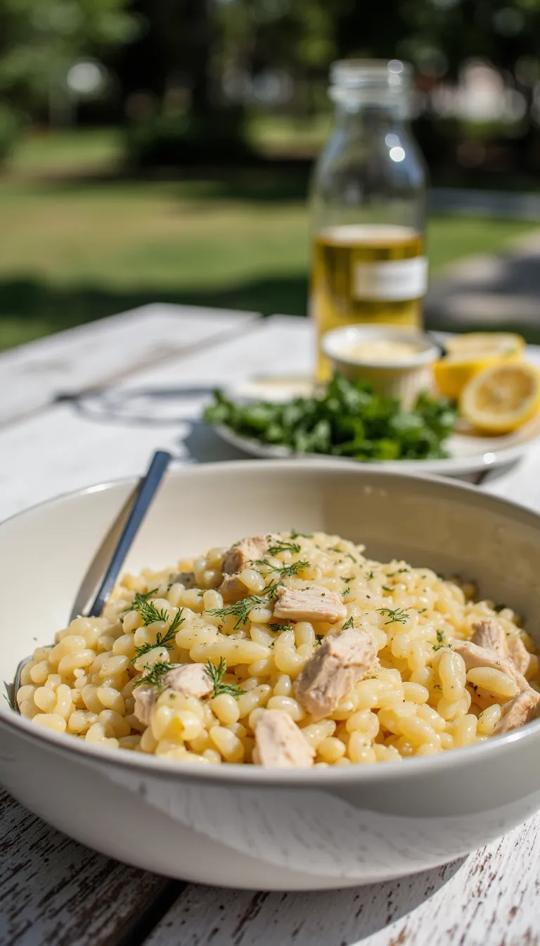 Looking for something light for your 4th of July spread? This Lemon-Dill Chicken Orzo Pasta Salad is zesty, refreshing, and packed with shredded chicken goodness!