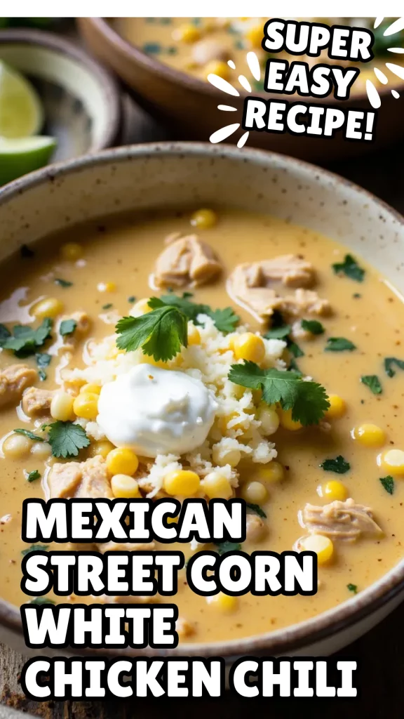 This Mexican street corn white chicken chili is a fun, bold twist on a classic. It’s packed with tender chicken, sweet corn, creamy broth, and all the savory-spicy flavor of elote in a spoonable form.