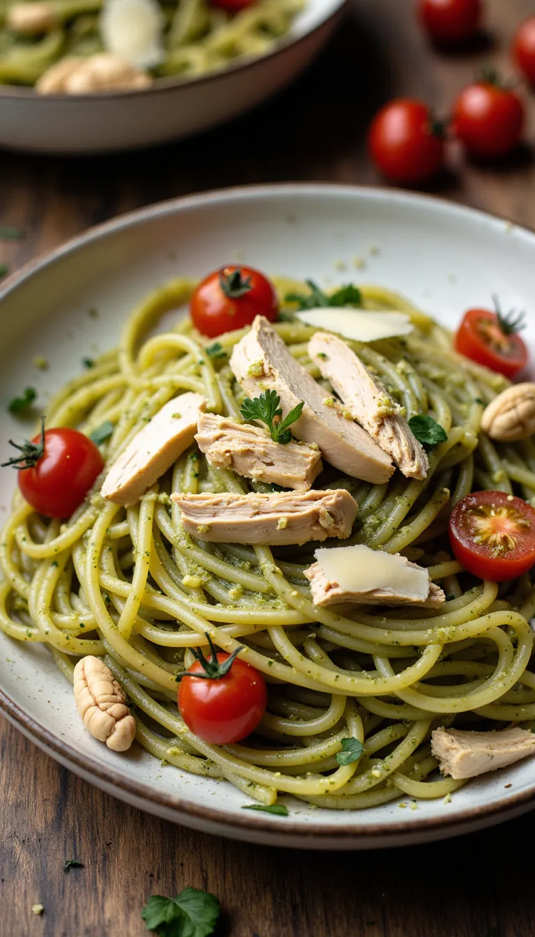 This One-Pot Chicken Pesto Spaghetti is fresh, fast, and flavorful — and a great way to turn leftover shredded chicken into something special.