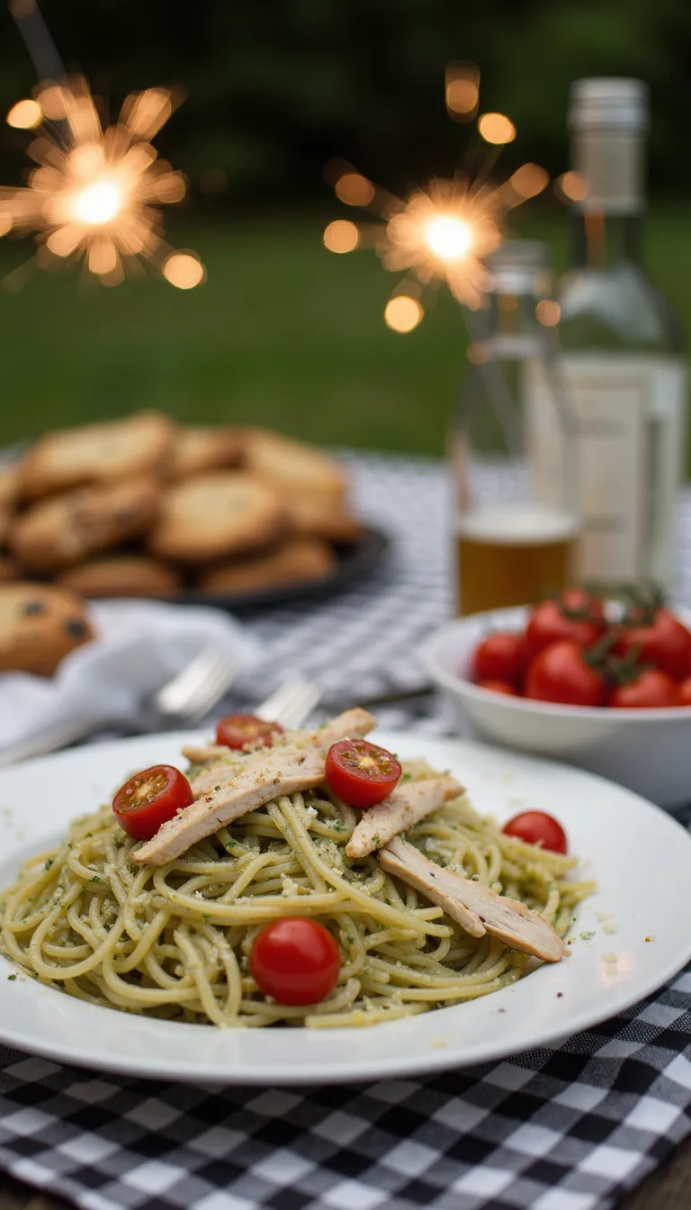 Elevate your 4th of July spread with this Pesto Chicken Pasta! Light, flavorful, and full of juicy shredded chicken — a hit at any summer party or potluck.