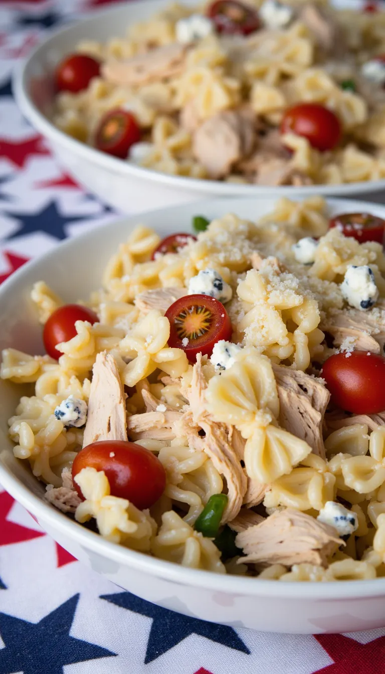 Celebrate the 4th of July with this Red, White & Bleu Chicken Pasta Salad! It’s colorful, flavorful, and packed with shredded chicken — a perfect dish for your summer table.
