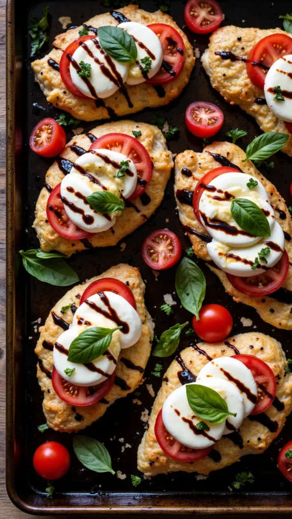 This Sheet Pan Caprese Chicken is fresh, flavorful, and bakes all on one pan for easy cleanup!