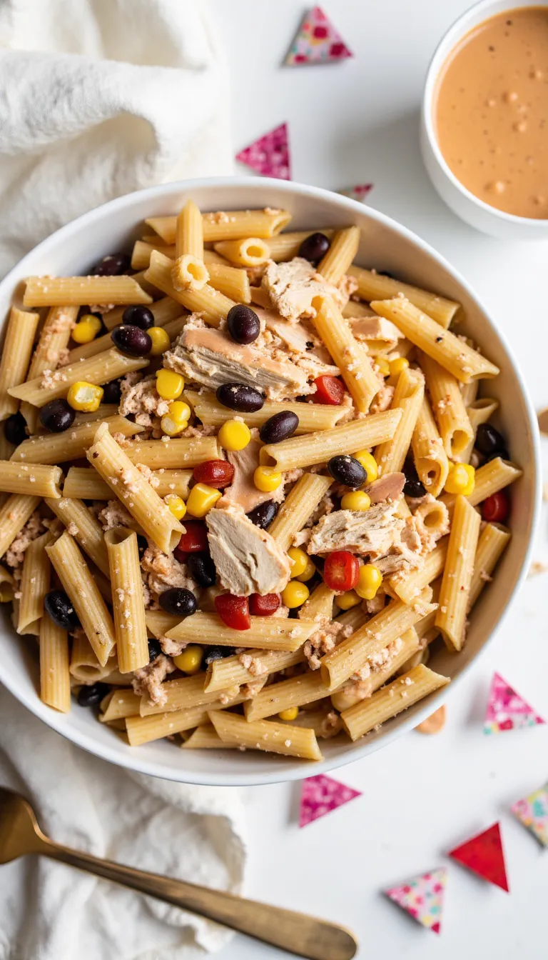 This Southwest Chicken Pasta Salad is full of bold flavor and shredded chicken — a delicious and easy pasta dish for your 4th of July cookout or potluck!