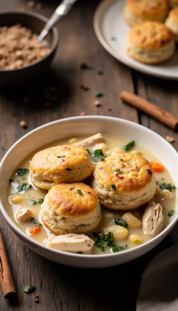 Cozy up with this sweet and savory twist on crockpot chicken and dumplings — topped with fluffy sweet potato biscuits for a fall-inspired family favorite!