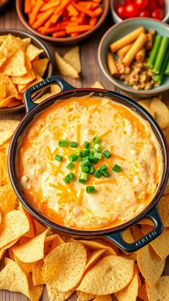 A warm dish of Buffalo Chicken Dip with tortilla chips, garnished with green onions, on a wooden table.