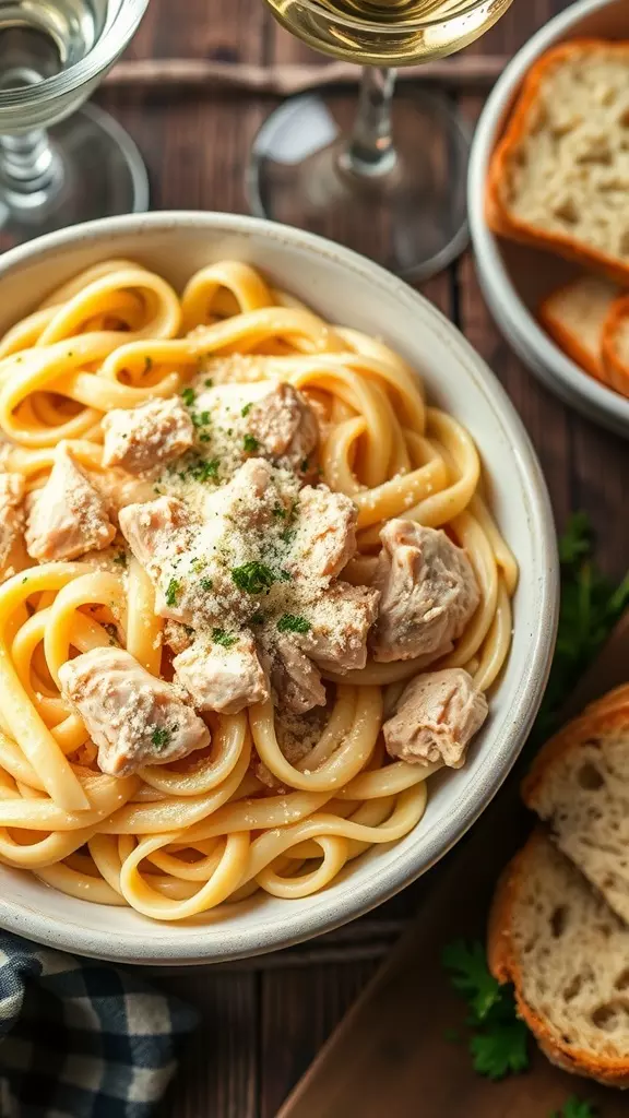 This creamy chicken Alfredo pasta features tender fettuccine enveloped in a rich, cheesy sauce made from butter, cream, and parmesan cheese. Combined with rotisserie chicken, it's a delightful dish that balances simplicity with indulgence. The taste is a perfect blend of savory and creamy, leaving a lingering satisfaction after every bite.