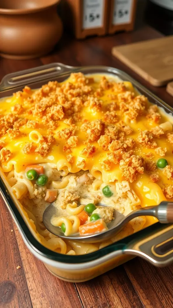 A hearty Chicken Noodle Casserole topped with melted cheese, served in a baking dish, with colorful veggies visible in the creamy mixture.