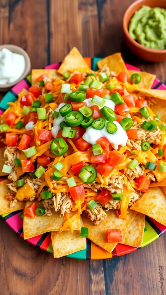 A colorful plate of chicken nachos topped with cheese, tomatoes, jalapeños, and garnished with sour cream and guacamole.