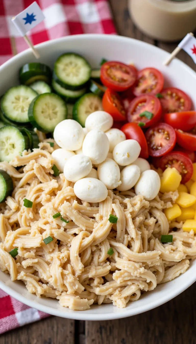 Fresh and festive! This Zesty Italian Chicken Pasta Salad is easy, delicious, and full of shredded chicken — a must-have at your 4th of July gathering.