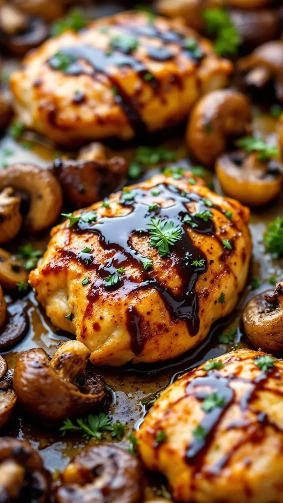 Balsamic glazed chicken thighs with mushrooms on a sheet pan