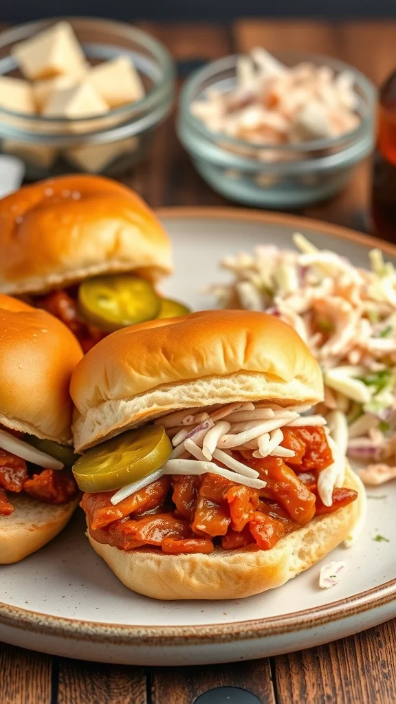 These barbecue chicken sliders are perfect for a quick and tasty dinner. Use rotisserie chicken to save time and layer it with your favorite BBQ sauce and coleslaw. Serve them up with pickles for an extra crunch!