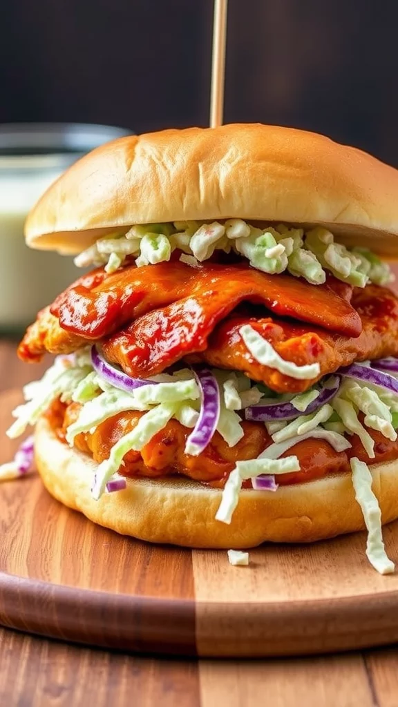 BBQ chicken sandwich topped with coleslaw on a wooden board with fries